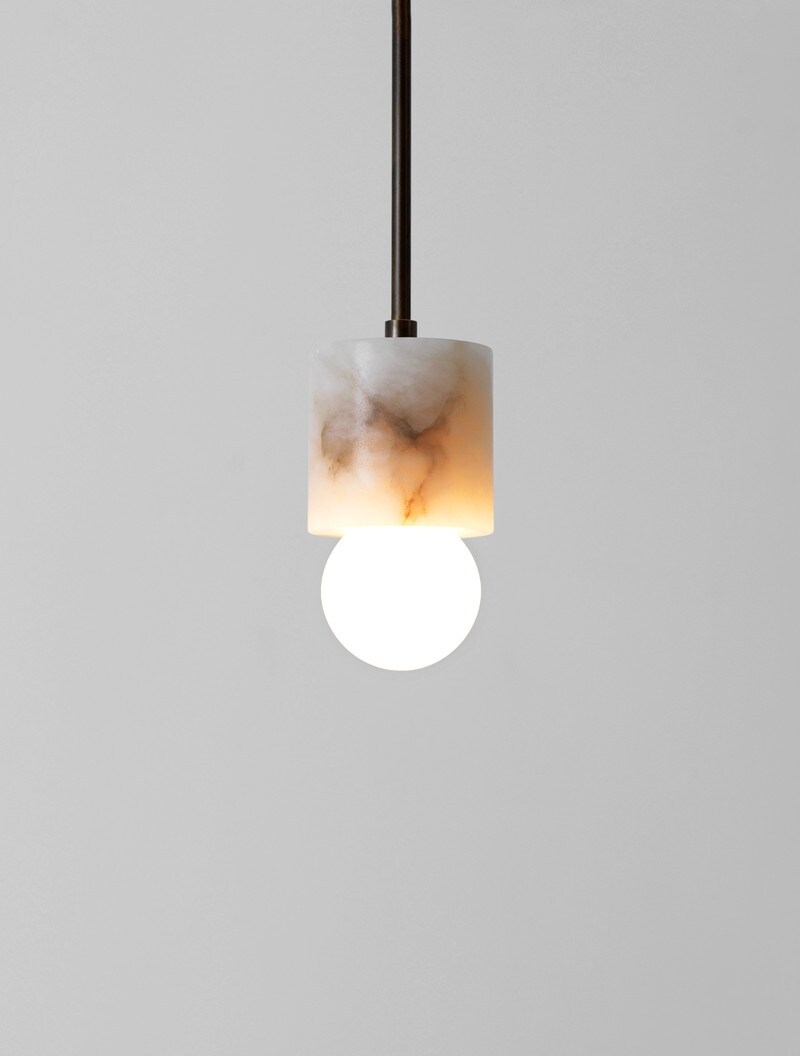 Alabaster P01 shown in Blackened Brass, Alabaster, Matte White Globe